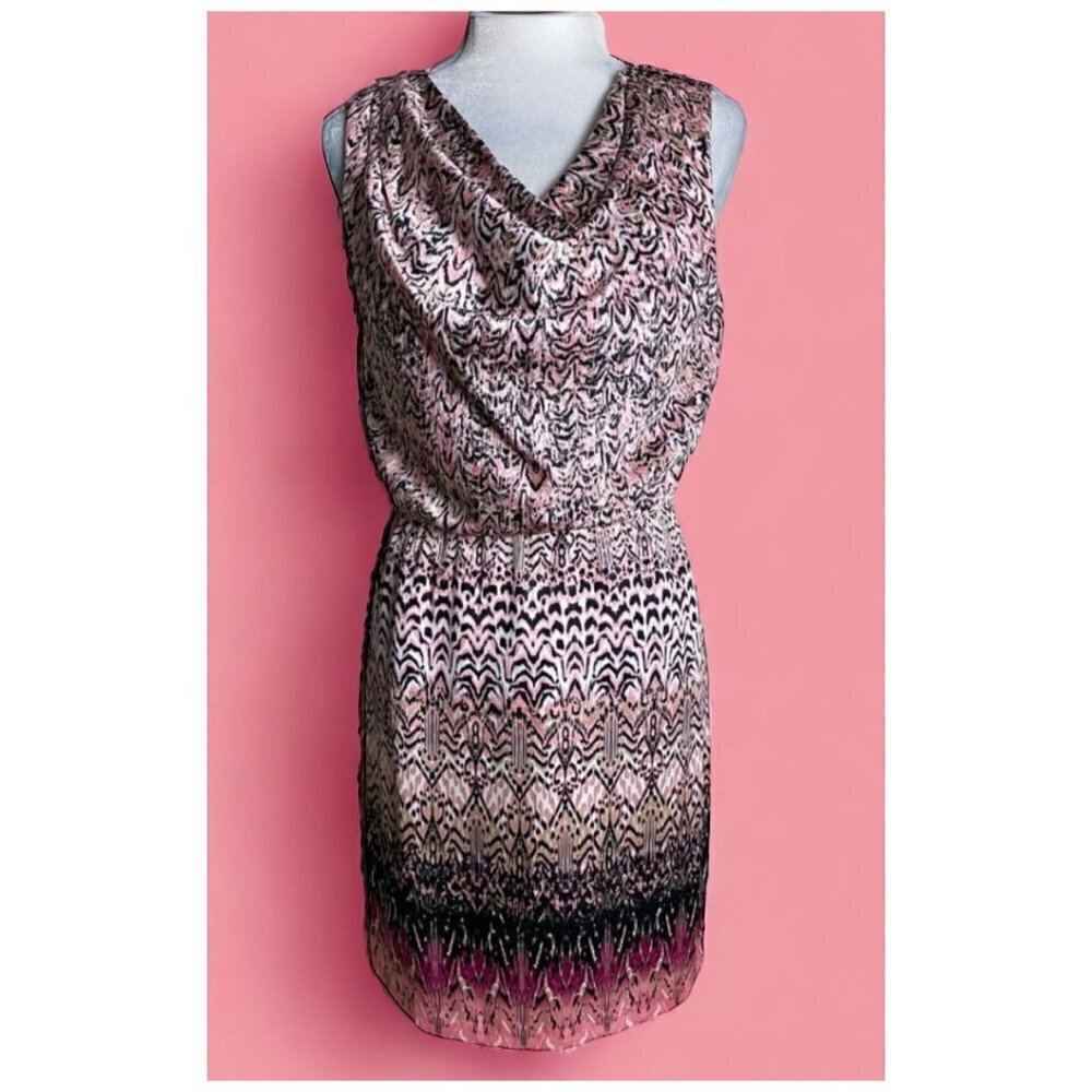 Dana Buchman Dress Pink and Black Print Cowl Neck Elastic Waist Womens Sz S